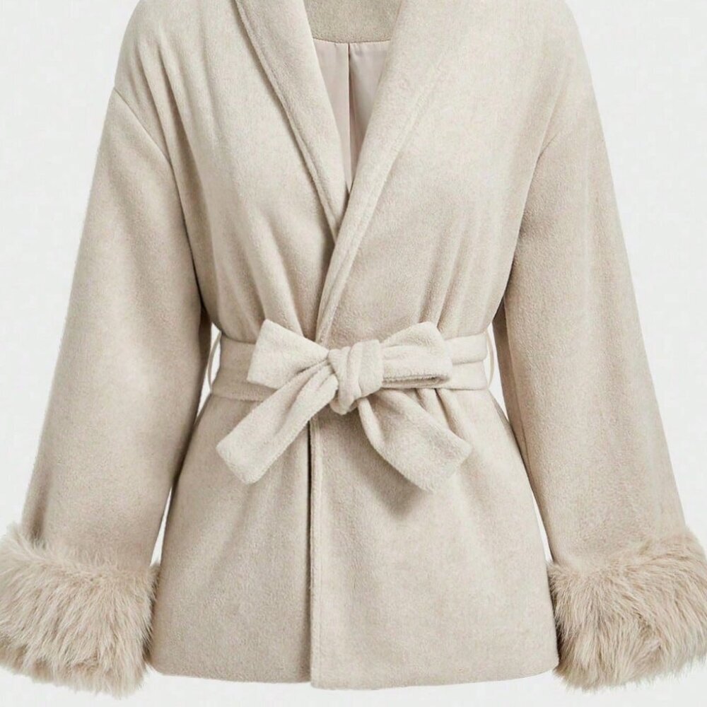 Khaki Casual Women's Elegant Long Sleeve  Faux Fur trimmed Warm jacket Coat - Picture 6 of 9